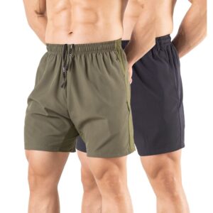 61O7+kYBMcL Gaglg Men's 5" Running Shorts 2 Pack Quick Dry Athletic Workout Gym Shorts with Zipper Pockets Black/Green,Medium