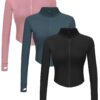 Dalavch 3 Pack Womens Cropped Full Zip up Workout Jacket Slim Fit Running Athletic Gym Yoga Sports Jacket with Thumb Holes 1 Black 1 Pink 1 Blue Medium