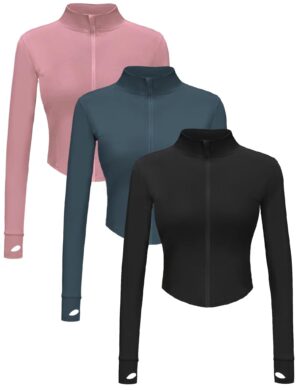 61YCZsABbML Dalavch 3 Pack Womens Cropped Full Zip up Workout Jacket Slim Fit Running Athletic Gym Yoga Sports Jacket with Thumb Holes 1 Black 1 Pink 1 Blue Medium
