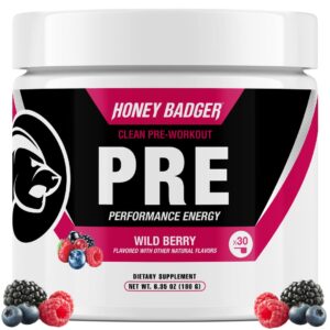 61ggWgt31sL Honey Badger Pre Workout Powder, Keto Vegan Preworkout for Men & Women, Beta Alanine & Caffeine, Sugar Free Natural Energy Supplement, Wild Berry, 30 Servings