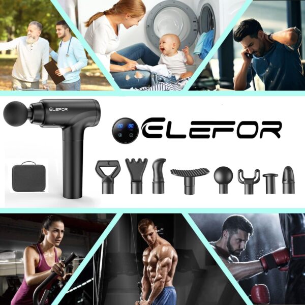 713RU9DjtSL Elefor Massage Gun Deep Tissue,Percussion Back Massager Gun for Athletes Muscle Massage Gun for Pain Relief with 8 Massage Heads & 20 Speeds (Matte Black)