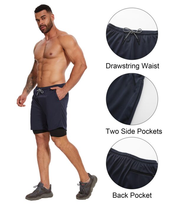Kinglaman 4 Pack Mens 2 in 1 Running Workout Shorts with Liner, Gym Athletic Quick Dry Sport Shorts with Pockets 2 Black 1 Blue 1 Gray Large