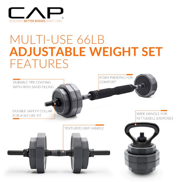 CAP Barbell 66 lb Multi-Use Adjustable Weight Set - Versatile Dumbbell, Barbell & Kettlebell for Full-Body Workouts | Gray