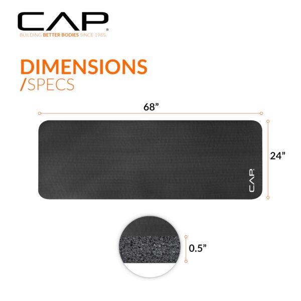 CAP Barbell Yoga Mat 1/2" Thick with Carrying Strap - High Density Exercise Mat for Yoga, Pilates, Stretching, Floor & Fitness Workouts - 68''x24''x1/2" | Black