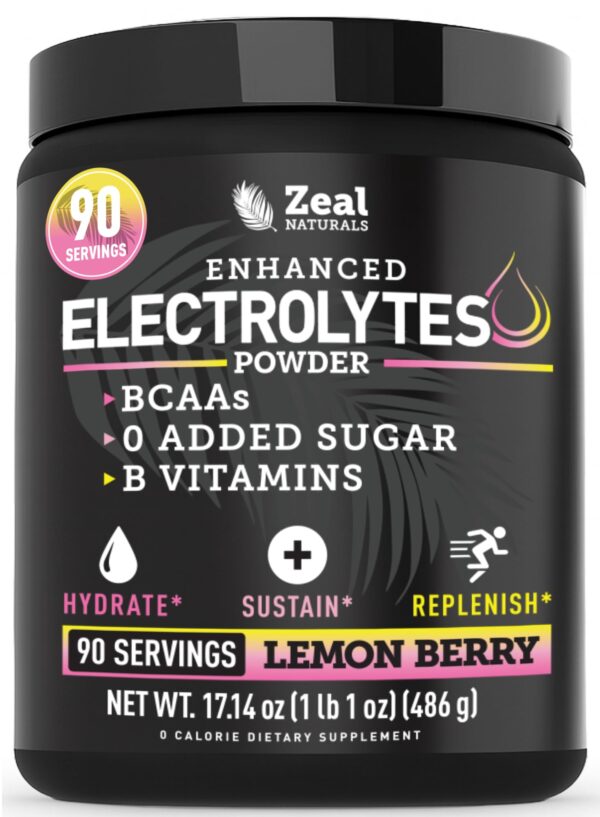 Zeal Electrolyte Powder - 90 Servings | Keto Electrolytes Powder | Zero Sugar, BCAAs, B-Vitamins | Potassium, Zinc, Magnesium | Hydration Powder Recovery Drink | Lemon Berry