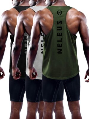 NELEUS Men's 3 Pack Dry Fit Y-Back Muscle Tank Workout Gym Shirt,5031,Black,Grey,Olive Green,M