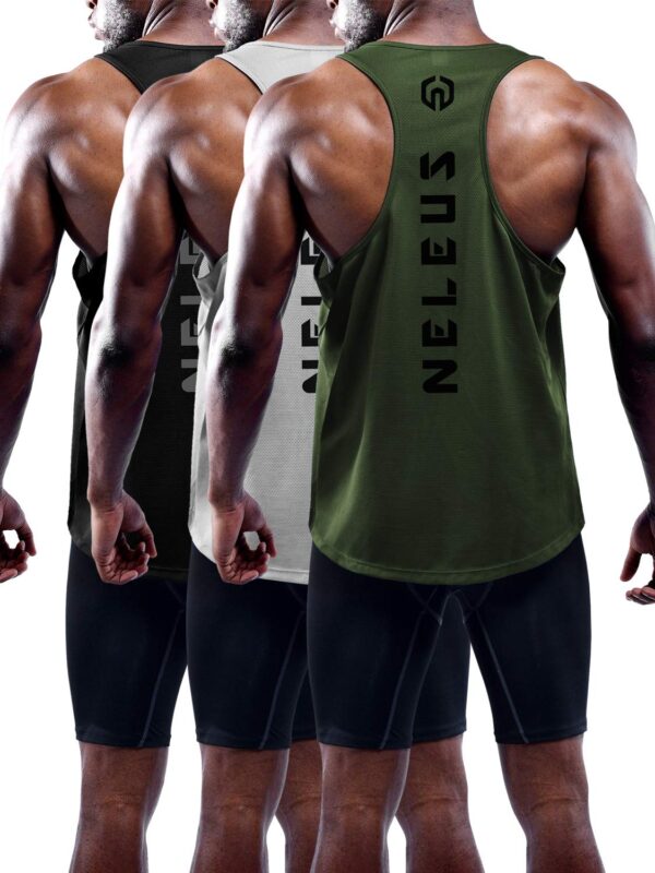 NELEUS Men's 3 Pack Dry Fit Y-Back Muscle Tank Workout Gym Shirt,5031,Black,Grey,Olive Green,M