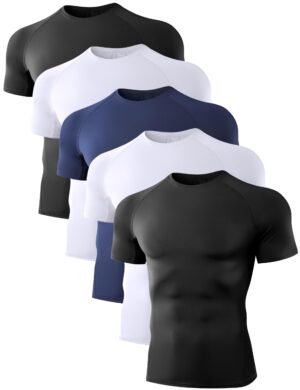 71EABuankiL Dalavch 5 Pack Men’s Compression Shirts Short Sleeve Cool Dry Sports Athletic Workout Base Layer Undershirt T-Shirt Tops 2 Black 2 White 1 Blue Medium