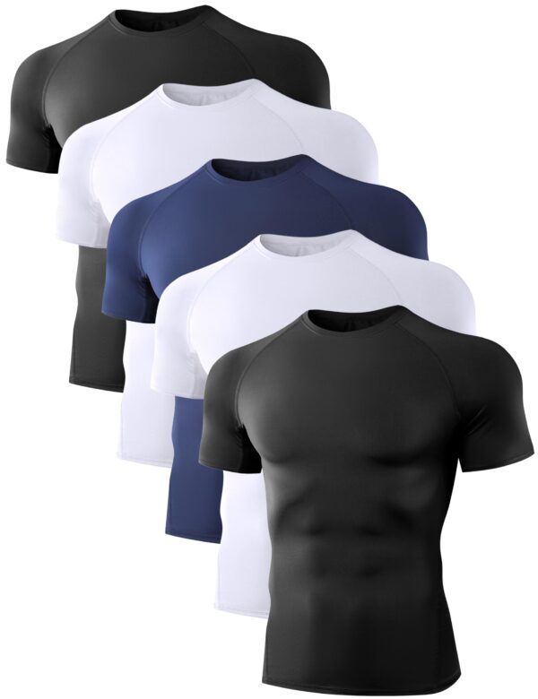 Dalavch 5 Pack Men’s Compression Shirts Short Sleeve Cool Dry Sports Athletic Workout Base Layer Undershirt T-Shirt Tops 2 Black 2 White 1 Blue Medium