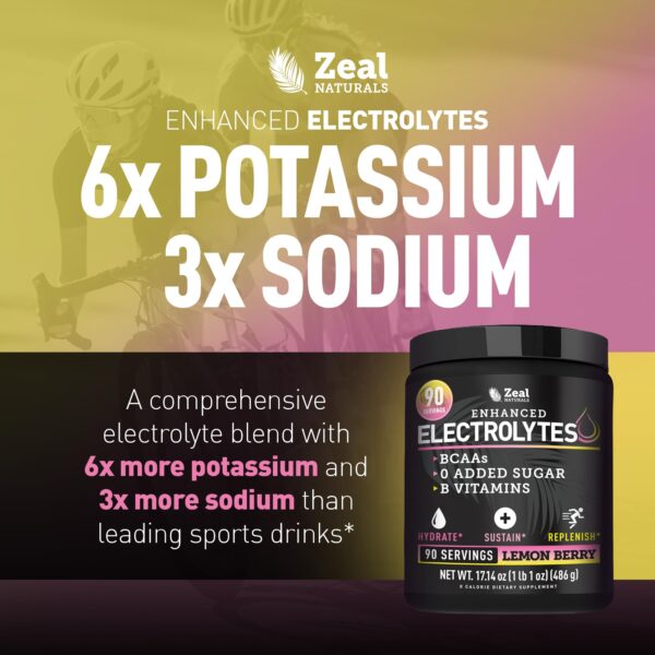 Zeal Electrolyte Powder - 90 Servings | Keto Electrolytes Powder | Zero Sugar, BCAAs, B-Vitamins | Potassium, Zinc, Magnesium | Hydration Powder Recovery Drink | Lemon Berry