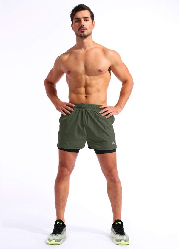 Pudolla Men’s 2 in 1 Running Shorts 5" Quick Dry Gym Athletic Workout Shorts for Men with Phone Pockets(Dark Green Medium)