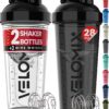 VELOMIX -2 Pack- 28 oz Protein Shaker Bottles for Protein Mixes - 2x Wire Whisk | Leak Proof Shaker Cups for Protein Shakes | Protein Shaker Bottle Pack (Black/Transparent)