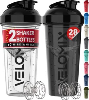 VELOMIX -2 Pack- 28 oz Protein Shaker Bottles for Protein Mixes - 2x Wire Whisk | Leak Proof Shaker Cups for Protein Shakes | Protein Shaker Bottle Pack (Black/Transparent)