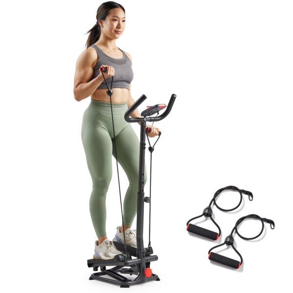 Sunny Health & Fitness Total Body 2-in-1 Smart Stepper Machine for Home with Handlebar and Resistance Bands, Total Body Workout, Adjustable Hydraulic, LCD Monitor, Non-Slip Pedals – 330 LB Max Weight