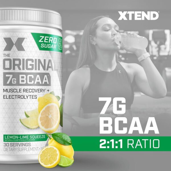 Xtend Original BCAA Powder, 7g BCAAs and 2.5g L-Glutamine for Muscle Recovery Hydration and Lean Muscle, Sugar Free Intra and Post Workout Drink with Electrolytes, Lemon Lime Squeeze, 30 Servings