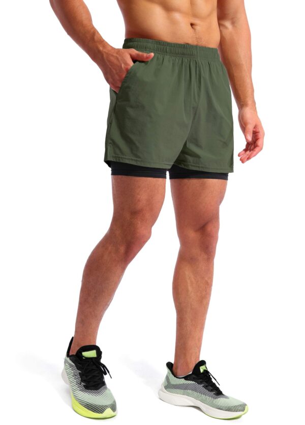 Pudolla Men’s 2 in 1 Running Shorts 5" Quick Dry Gym Athletic Workout Shorts for Men with Phone Pockets(Dark Green Medium)