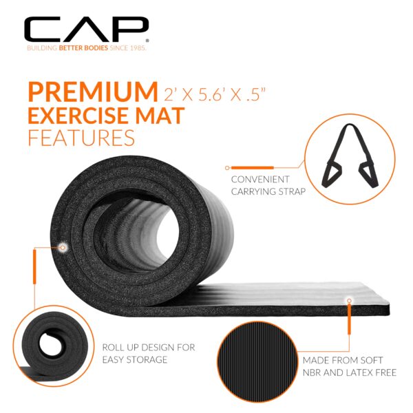 CAP Barbell Yoga Mat 1/2" Thick with Carrying Strap - High Density Exercise Mat for Yoga, Pilates, Stretching, Floor & Fitness Workouts - 68''x24''x1/2" | Black