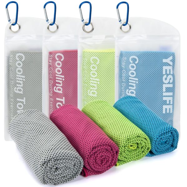 YESLIFE 4 Pack Cooling Towel 40"x12", Gym Towels for Men and Women, Soft Breathable Workout Towels for Yoga, Running, Sport, & More (Blue, Grey, Green, Pink)