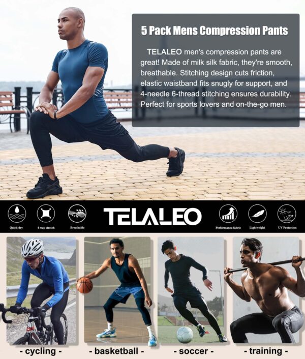 TELALEO 5 Pack Men's Compression Pants for Workout, Running,Basketball,Football-Sports Baselayer Leggings L