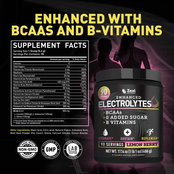 Zeal Electrolyte Powder - 90 Servings | Keto Electrolytes Powder | Zero Sugar, BCAAs, B-Vitamins | Potassium, Zinc, Magnesium | Hydration Powder Recovery Drink | Lemon Berry