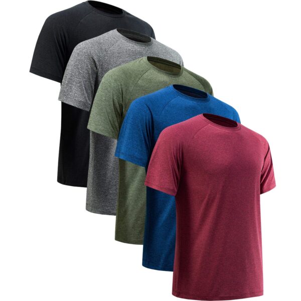 81h2yu7SFML MCPORO Workout Shirts for Men Short Sleeve Quick Dry Athletic Gym Active T Shirt Moisture Wicking 5 Pack Black, Dark Grey, Dark Blue, Army Green, Wine Red X-Large