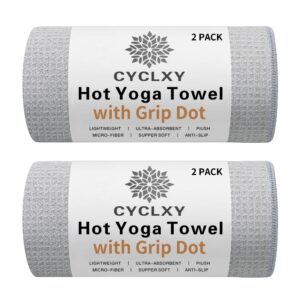 CYCLXY 2 Pack Hot Yoga Towel with Grip Dot，Stickyfiber Yoga Mat Towels Non Slip for Hot Yoga,Absorbent Microfiber Sweat Anti-Slip Cover,Bikram,Pilates,Exercise,Fitness