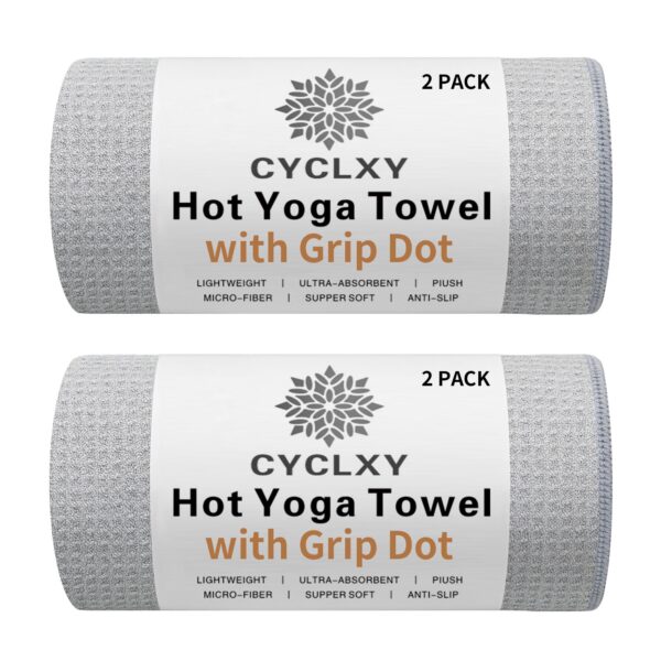 CYCLXY 2 Pack Hot Yoga Towel with Grip Dot，Stickyfiber Yoga Mat Towels Non Slip for Hot Yoga,Absorbent Microfiber Sweat Anti-Slip Cover,Bikram,Pilates,Exercise,Fitness