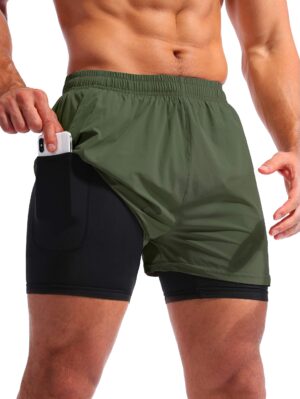 Pudolla Men’s 2 in 1 Running Shorts 5" Quick Dry Gym Athletic Workout Shorts for Men with Phone Pockets(Dark Green Medium)