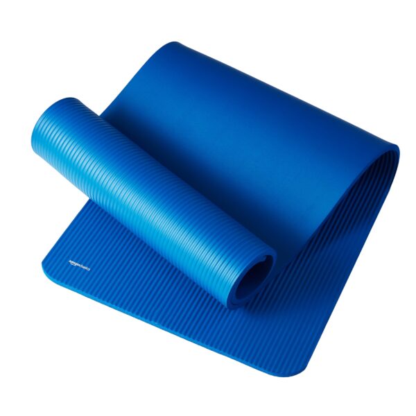 Amazon Basics 1/2 Inch Extra Thick Exercise Yoga Mat with Carrying Strap for Home Workouts and Fitness, Non-Slip, Cushioned Support, 74" x 24" x 0.5", Blue