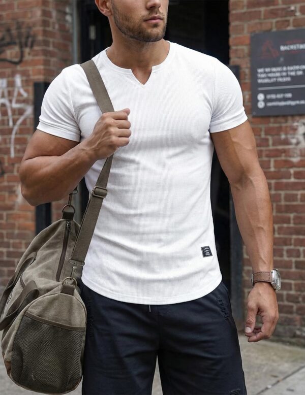 JMIERR Men's Muscle Shirt V Neck Slim Longline Short Sleeve Henley Shirt Gym Workout Athletic Tees Shirts Mens Tights for Sports,US 46(XL)